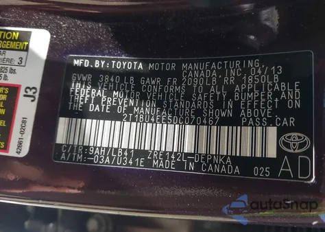 2013 Toyota Corolla Le Special Edition z USA, uszkodzony, nr VIN 2T1BU4EE5DC070467